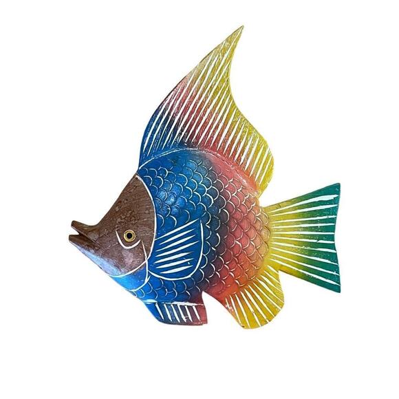Beautiful Hand Carved painted Angel Fish. tropical color fish decor. 8"x7"beach - Picture 1 of 6